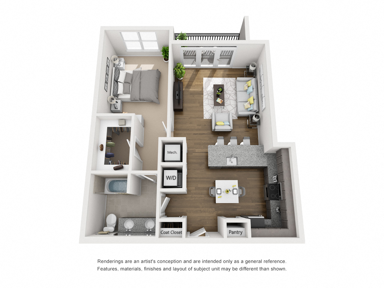 Floor plan for 1 bed, 1 bath, 818 sqft